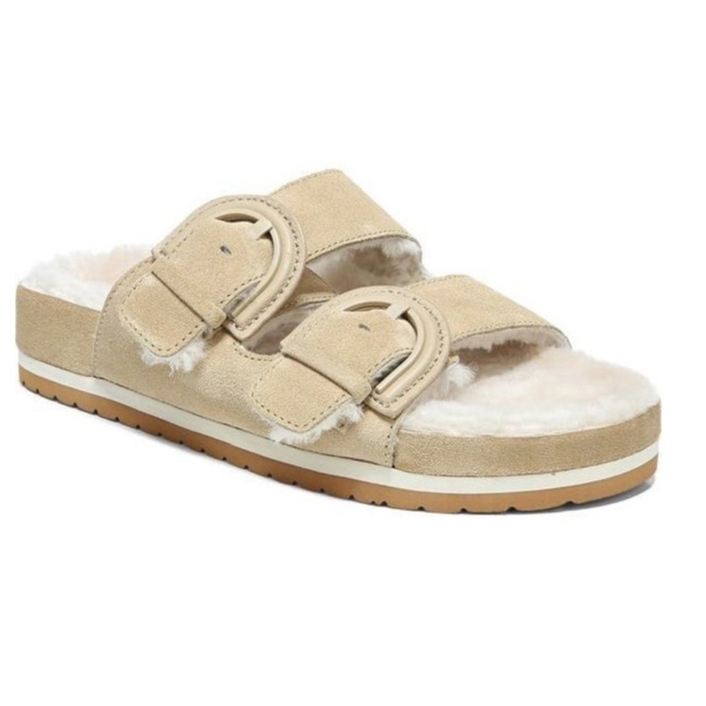 Vince Glyn Slide Sandals 10 Beige Suede Shearling Buckle Flat